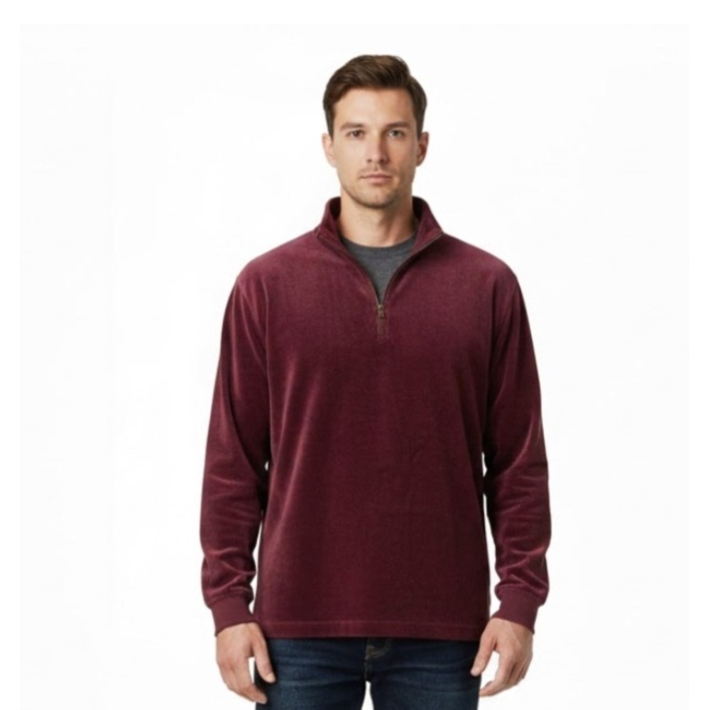 River Trader Mens Med Burgundy Velvet Quarter Zip Pullover Shirt Fall Casual